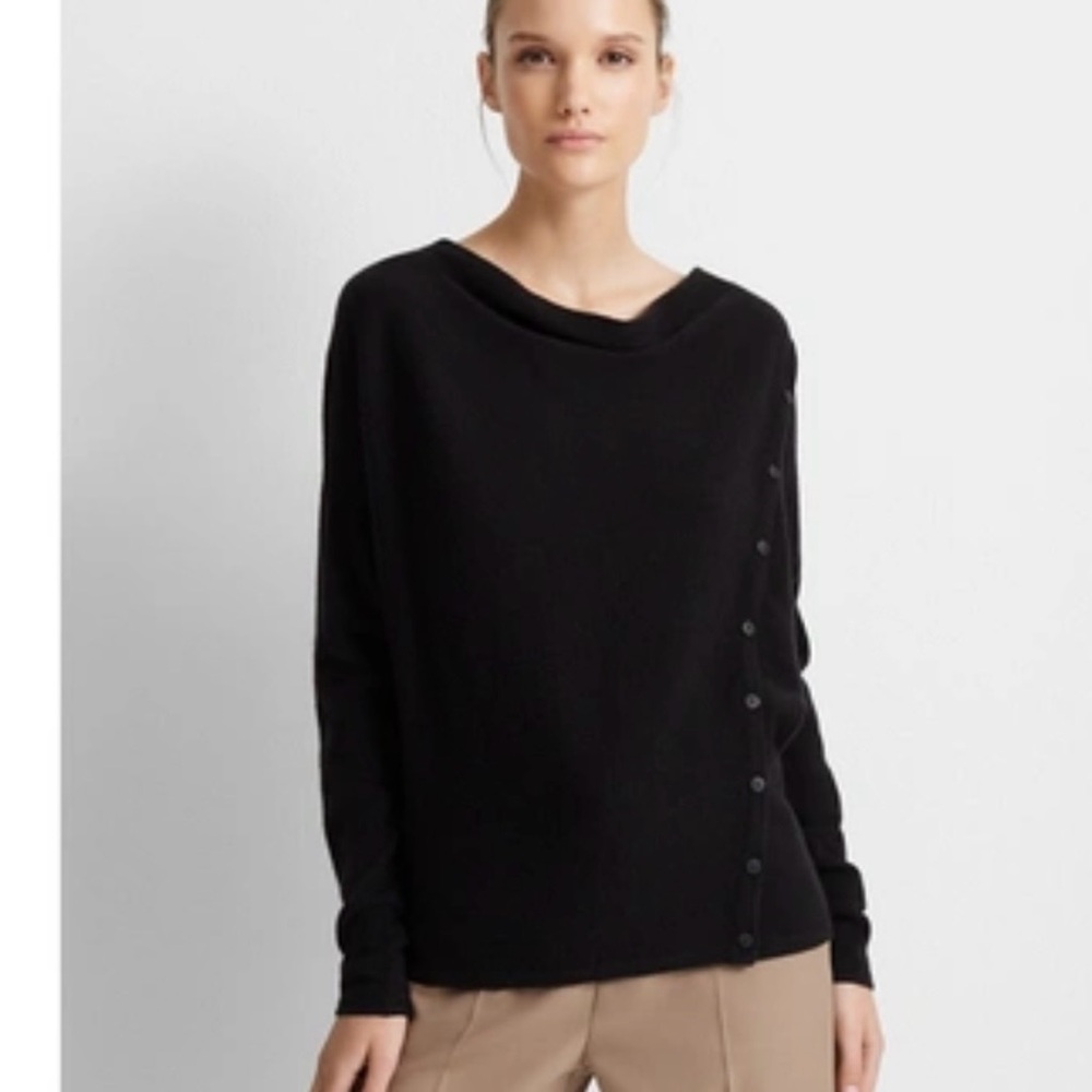 Club Monaco Cashmere Cardigan Sweater Womens M Black Side Button Up‎ Cowl Neck